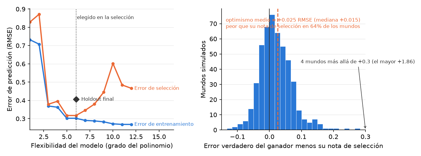 Gráfico de dos paneles. A la izquierda: una línea azul de error de entrenamiento que cae de forma constante por los grados polinomiales 1 a 12, una línea naranja de error de selección que cae hasta el grado seis y luego sube, una línea vertical punteada en el grado seis rotulada elegido en la selección, y un rombo negro rotulado holdout final por encima de la curva de selección. A la derecha: un histograma del error verdadero del ganador menos su puntaje de selección ganador a lo largo de 500 mundos simulados, centrado apenas a la derecha de cero, anotado optimismo medio más 0.025 RMSE, mediana más 0.015, peor que su puntaje de coronación en 64 por ciento de los mundos, con una flecha que señala 4 mundos más allá de más 0.3 y el mayor en más 1.86.