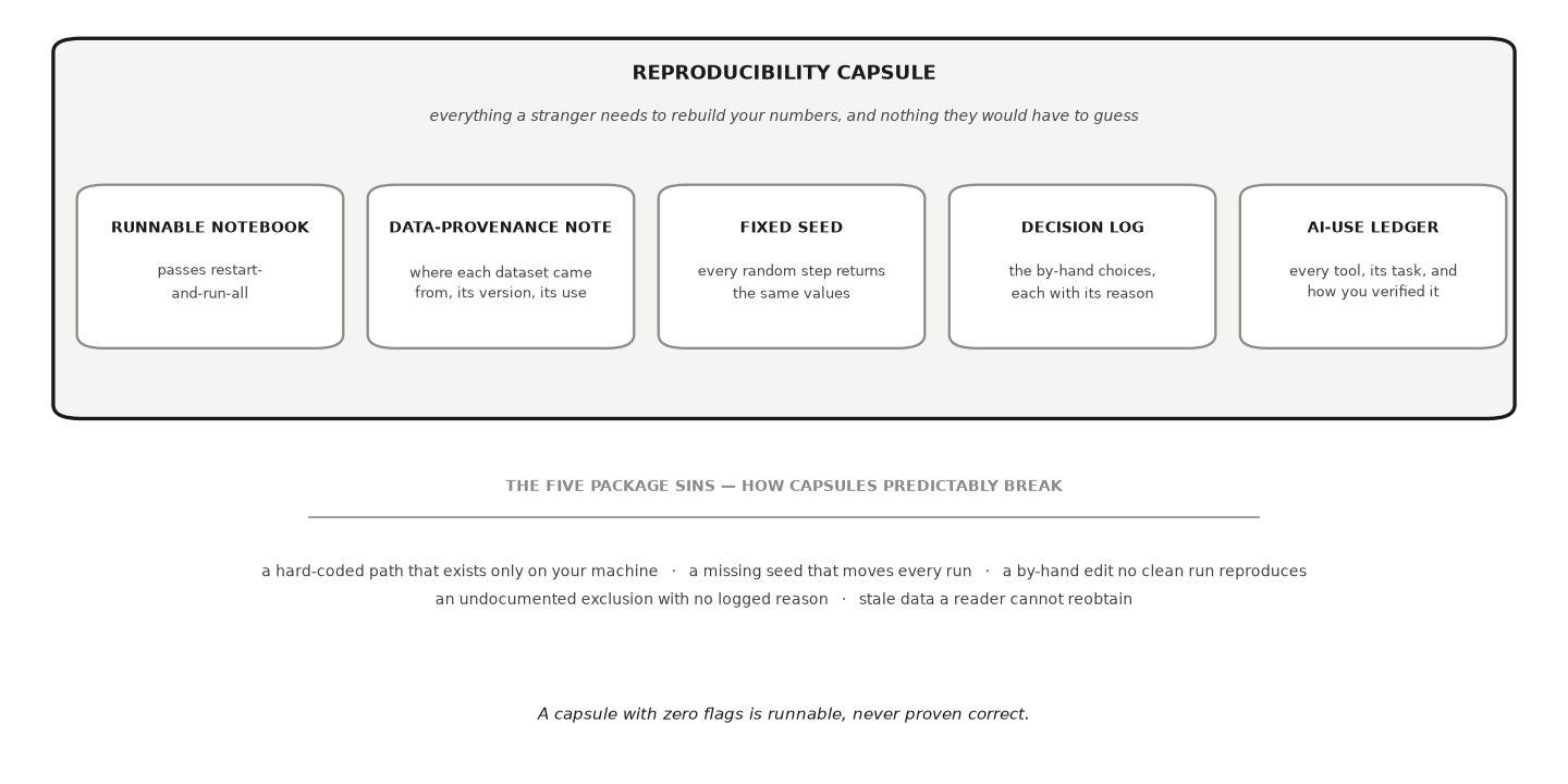 A large container labelled reproducibility capsule, everything a stranger needs to rebuild your numbers and nothing they would have to guess. Inside it, five boxes: a runnable notebook that passes restart and run all; a data-provenance note recording where each dataset came from, its version and its use; a fixed seed so every random step returns the same values; a decision log of the by-hand choices, each with its reason; and an AI-use ledger of every tool, its task, and how you verified it. Below the container, a band lists the five package sins.