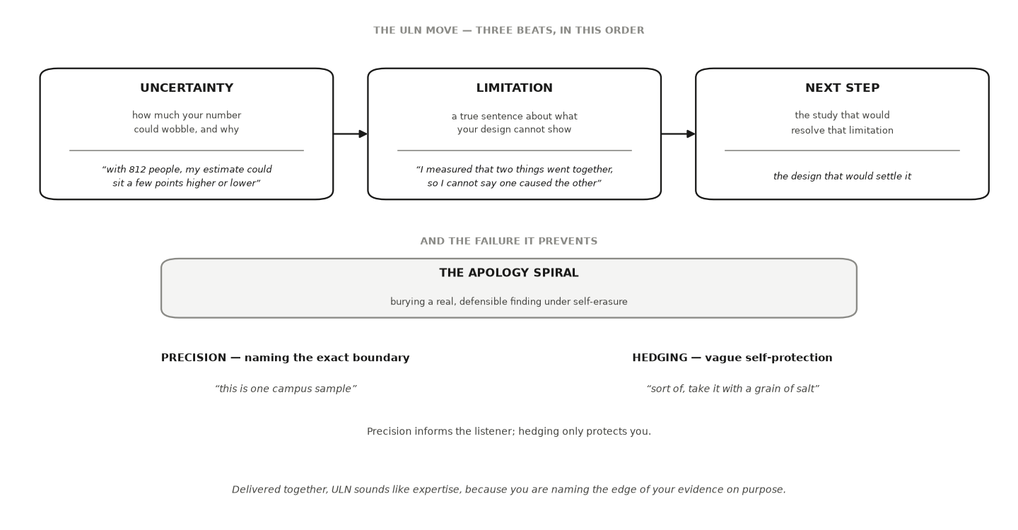 Three boxes in sequence. Uncertainty, how much your number could wobble and why, with the example that with 812 people the estimate could sit a few points higher or lower. Limitation, a true sentence about what your design cannot show, with the example that two things going together does not say one caused the other. Next step, the study that would resolve that limitation. Below, a box names the failure the move prevents, the apology spiral. Under it, precision is contrasted with hedging.